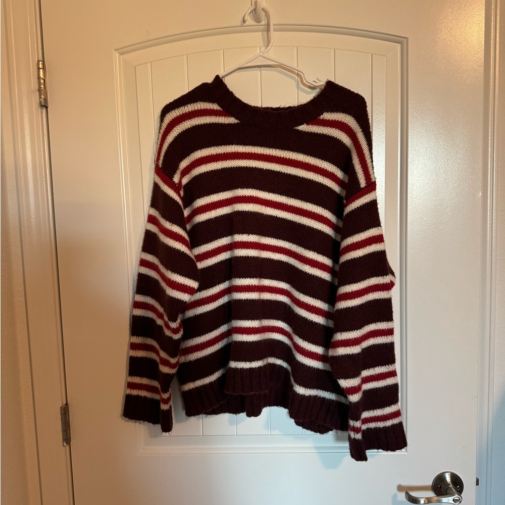 THE GREAT. Burgundy and White Striped Sweater